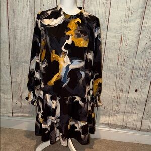 Nine West Black and Gold Abstract Long Sleeve Dress